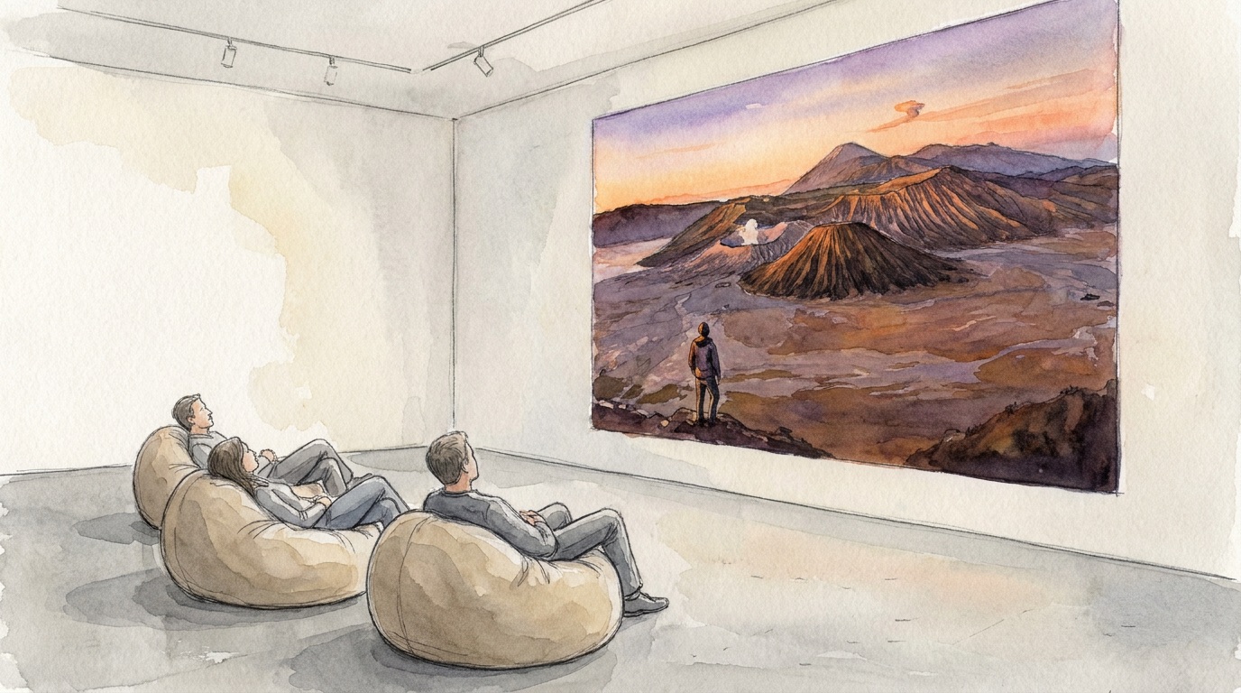Installation sketch: the non-violent feed screen, close view with beanbag seating