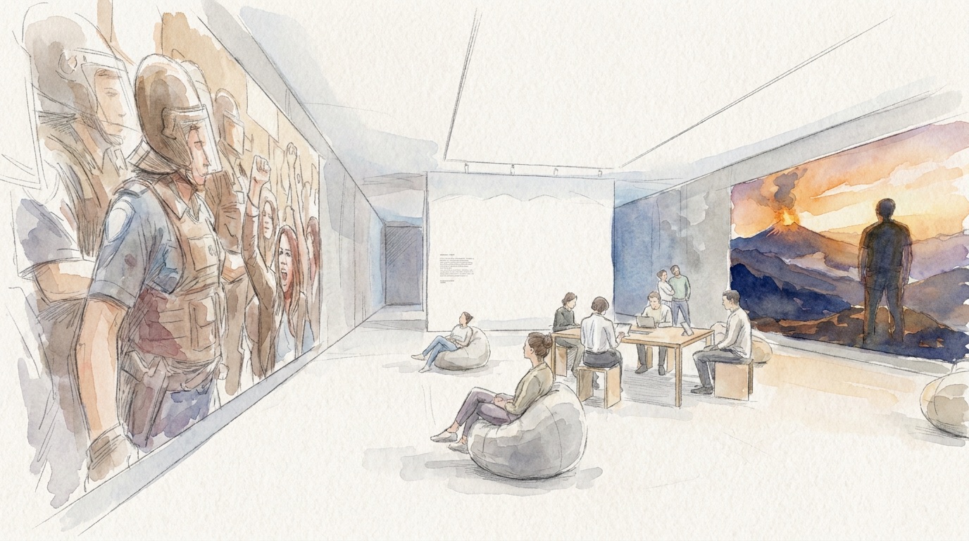 Installation sketch: the violent feed screen, close view with beanbag seating