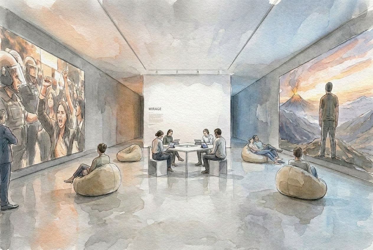 Installation sketch: the room at eye level, two screens facing each other across beanbags and an annotation table