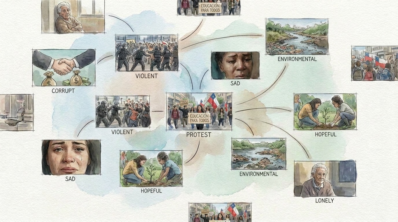 Sketch of the archive's semantic space: labeled clusters such as violent, sad, hopeful, environmental, corrupt, and lonely, radiating from a central protest cluster