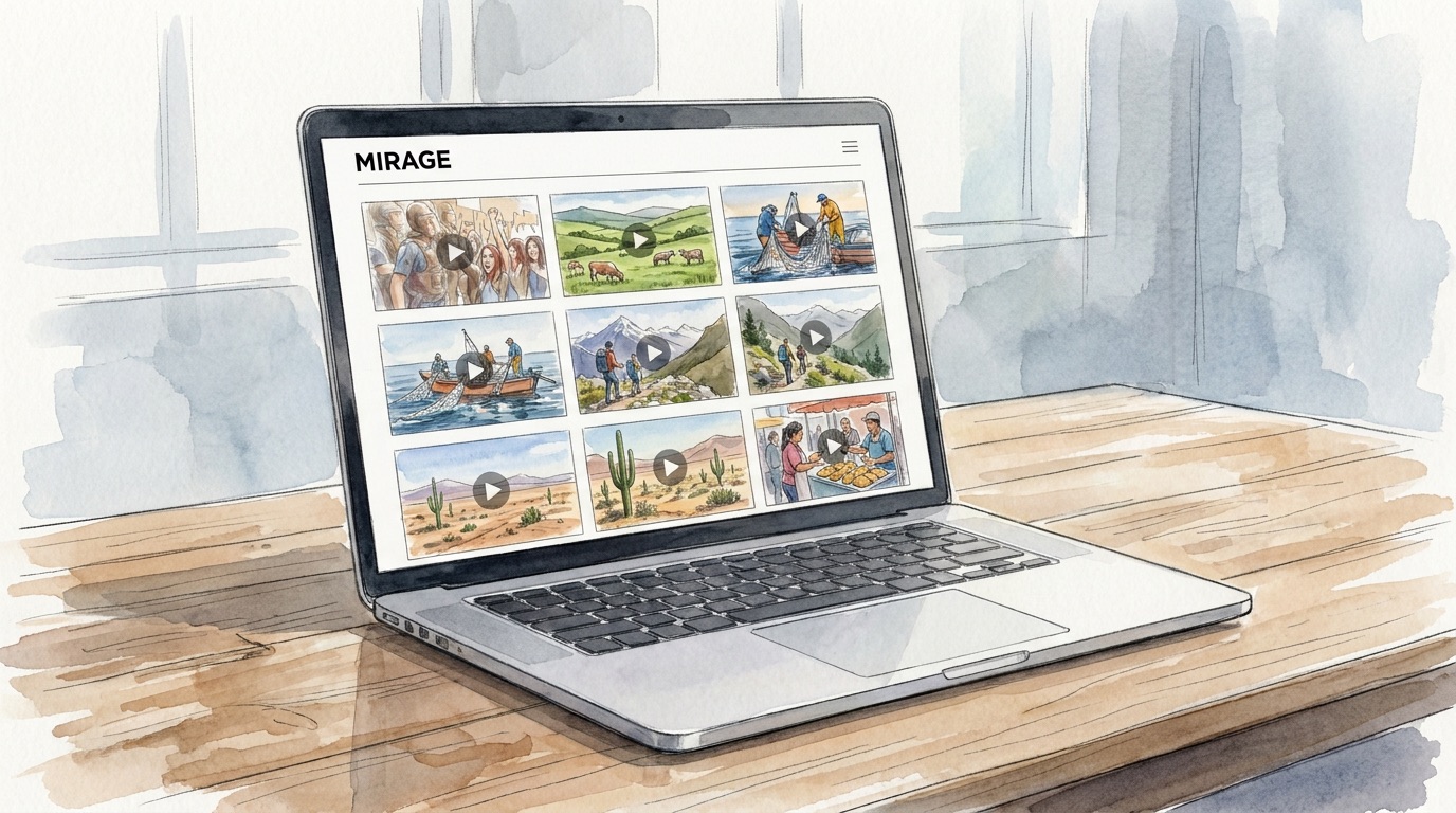 Website concept sketch: a laptop showing a grid of playable archive film thumbnails