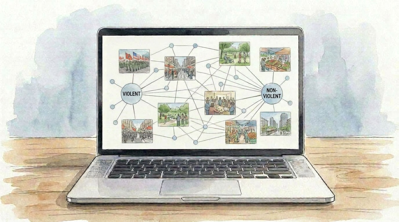 Website concept sketch: a laptop showing the archive as a network graph, its moments strung between a VIOLENT and a NON-VIOLENT pole