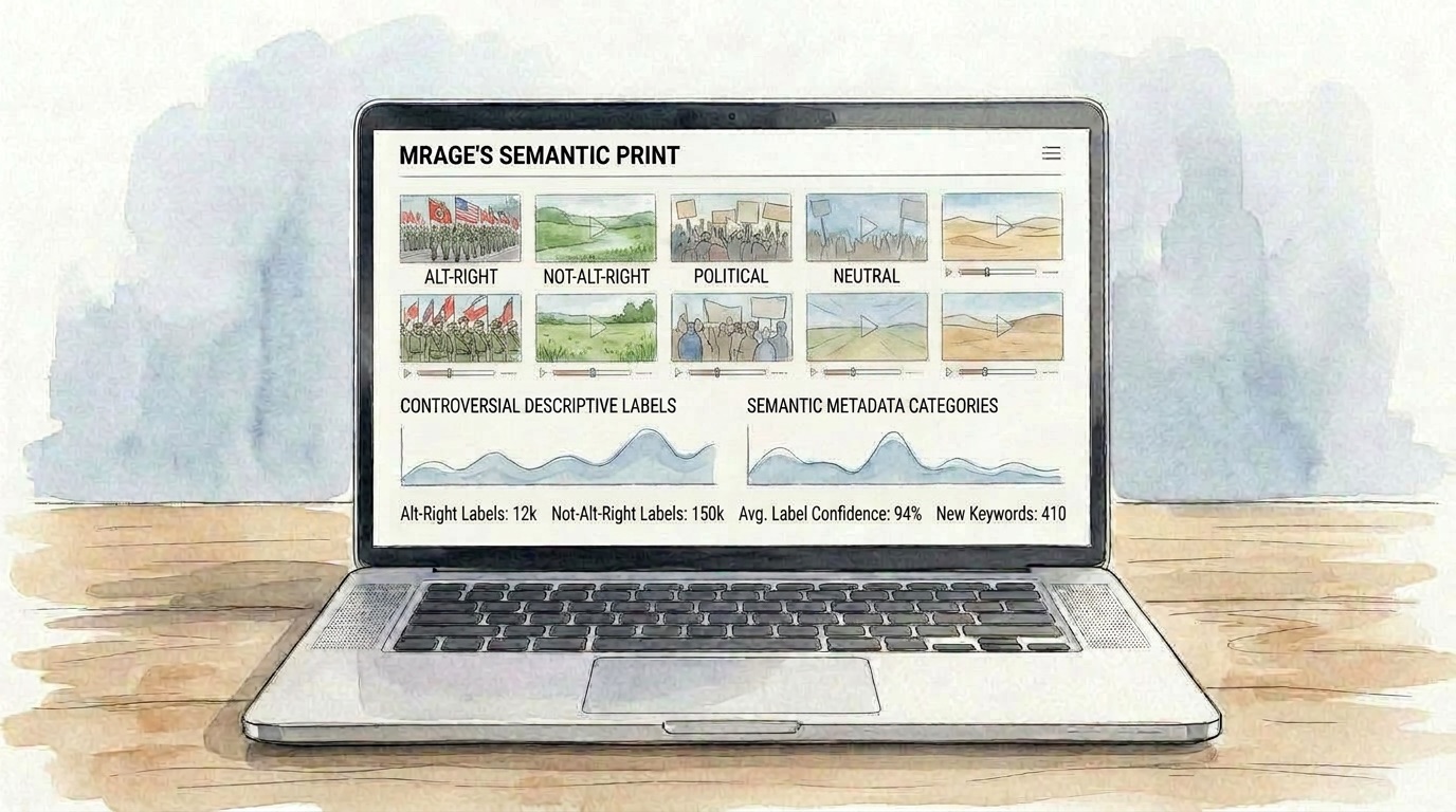 Website concept sketch: a laptop showing 'Mirage's Semantic Print' — rows of tagged clips and two trend charts